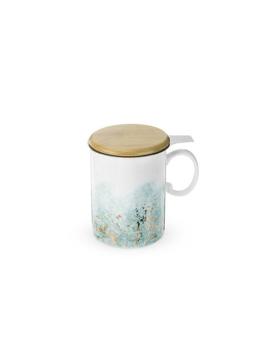 Ceramic Tea Mug & Infuser in Blue & Gold Splash Design