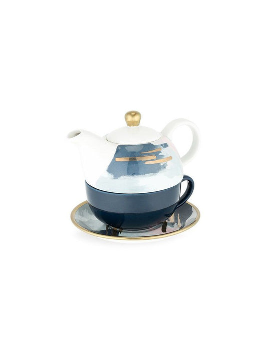 Ceramic Tea Set for One in Blue & Gold Abstract Design