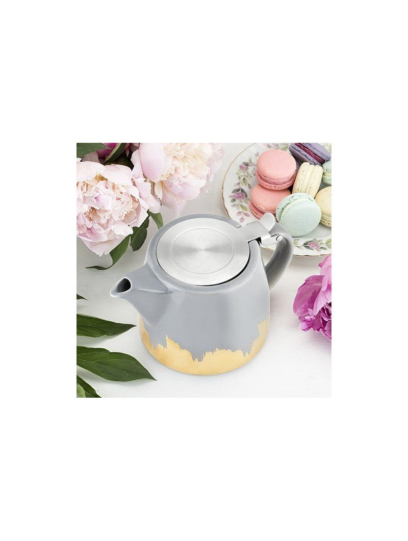 Ceramic Teapot & Infuser in Grey & Gold Brushed Design
