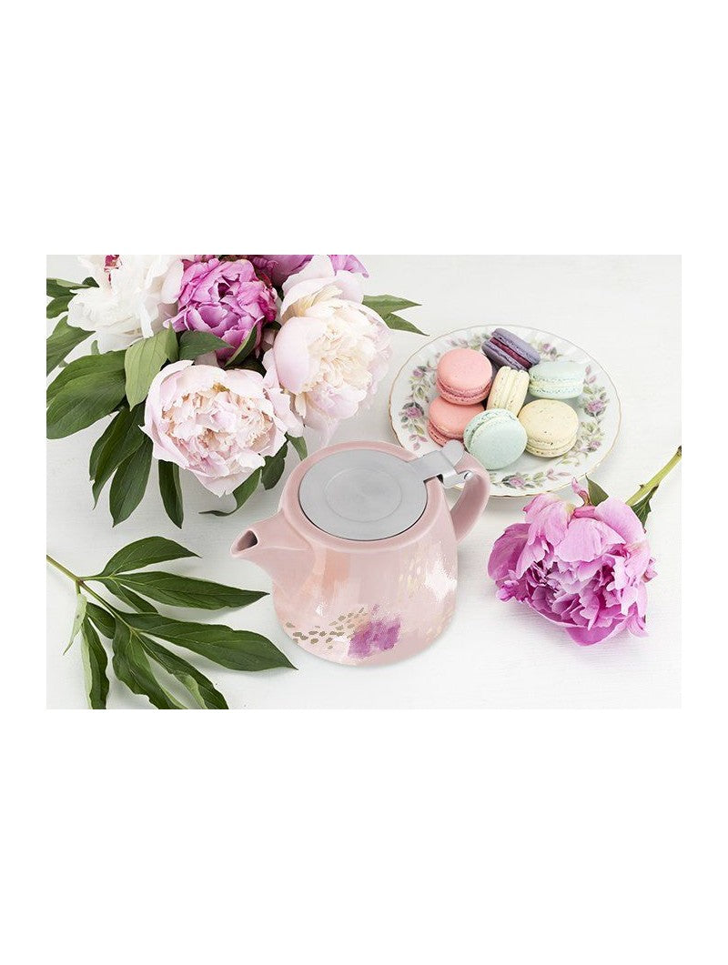 Ceramic Teapot & Infuser in Pink Abstract Design